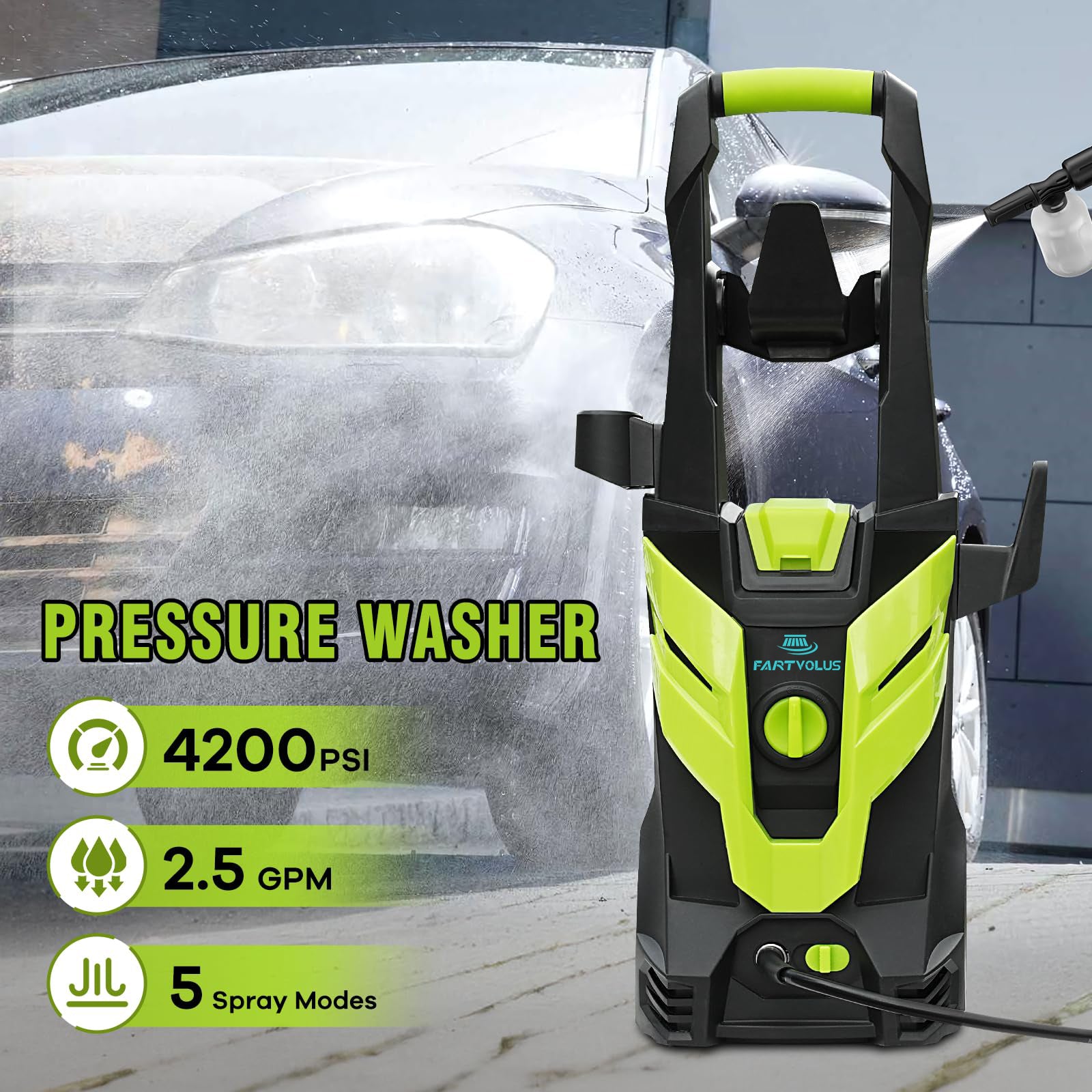 FARTVLOUS  Electric Pressure Washer, Small Potable Power Washer with 20FT Pressure Hose, 4 Nozzle Set, Powerwashers for Home/Cars/Fences/Windows, Peacock Green