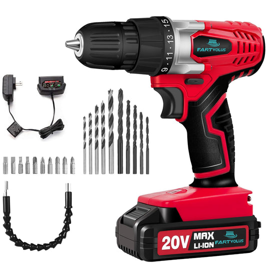 FARTVLOUS  Cordless Drill Set, 336 in-lbs Torque, 3/8" Keyless Chuck, Electric Power Drill with 2.0Ah Battery and Charger,18+1 Position,25-Piece 20V Drill Driver Kit